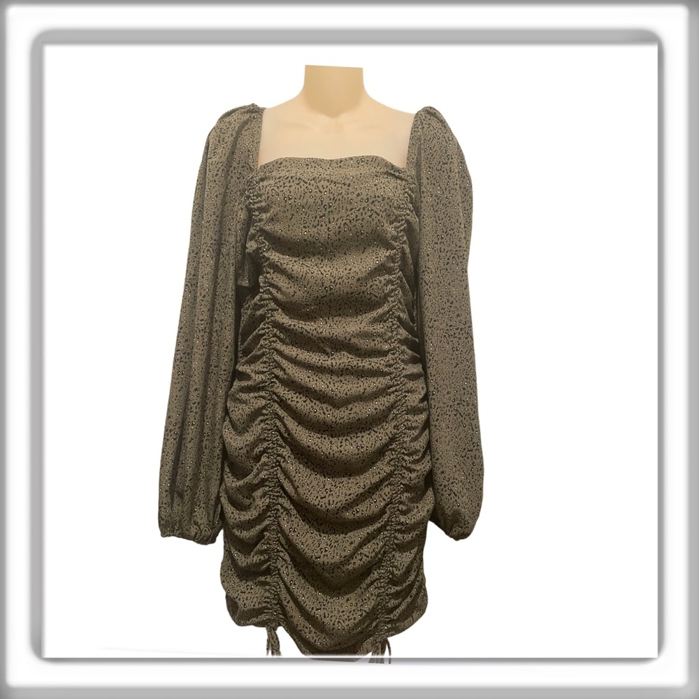 Mable Olive Green Long Sleeve Ruched Mini Tunic Dress Square Neck Size Large